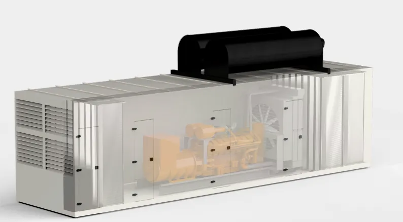 FlexEgen transparent cutaway — diesel genset with radiator and alternator visible inside the acoustic enclosure.