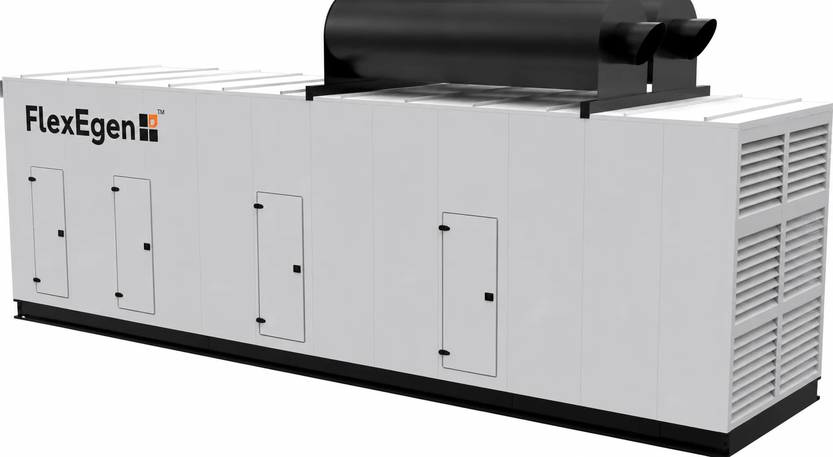 FlexEgen factory render — integrated silencer, exhaust stacks and access doors.