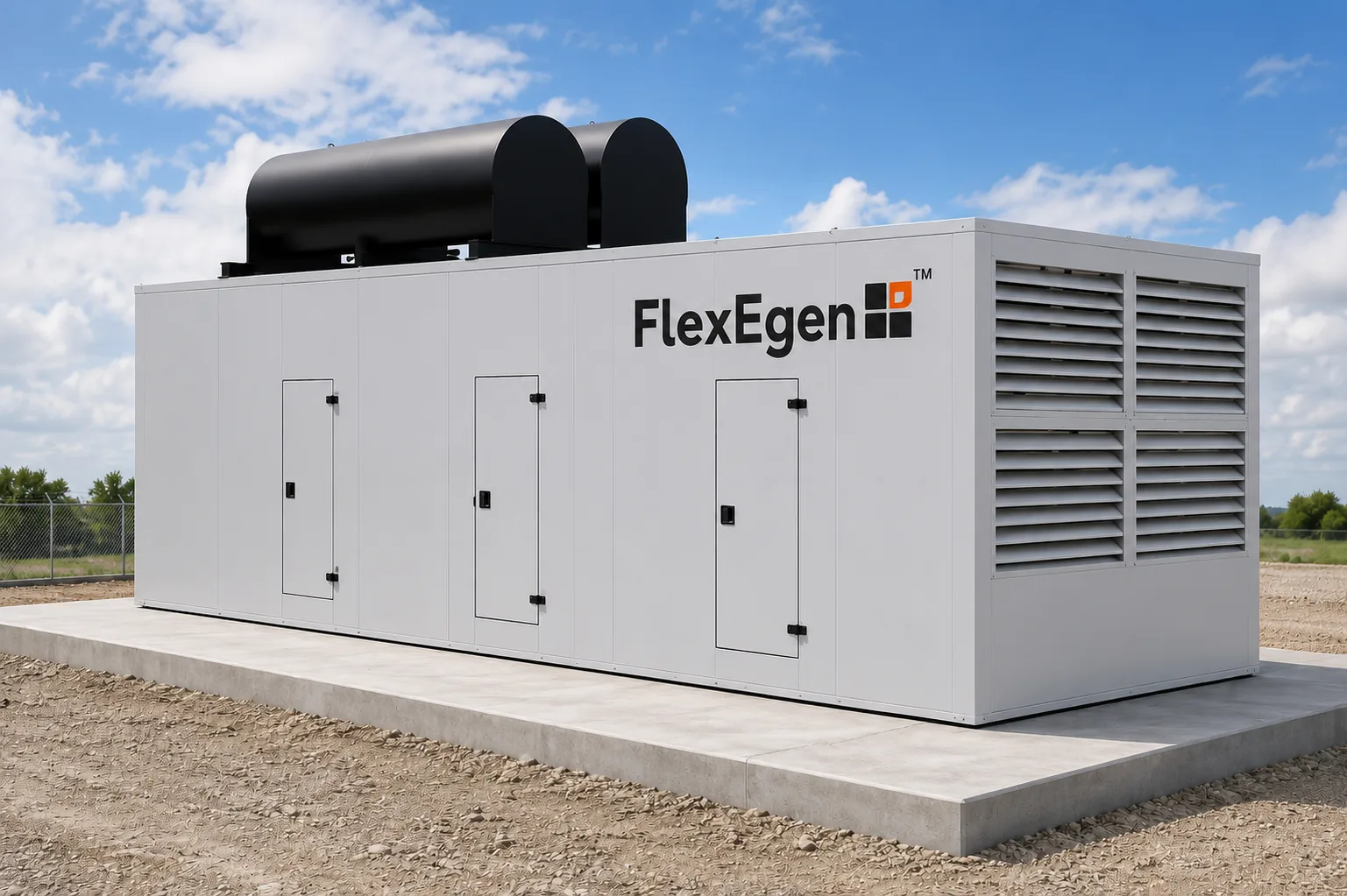 FlexEgen with integrated bulk fuel tank and side-mounted attenuator wall.