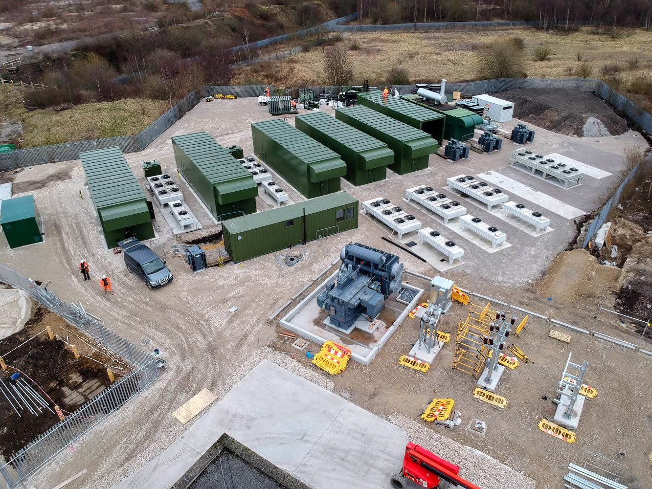 Aerial view of a multi-unit FlexEgen installation with remote radiators and transformers.